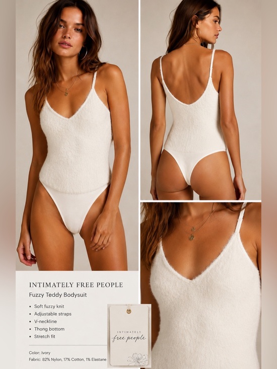 Free People Tops - Free People Intimately Ivory Fuzzy Knit Bodysuit Soft Teddy Cami Thong Size S